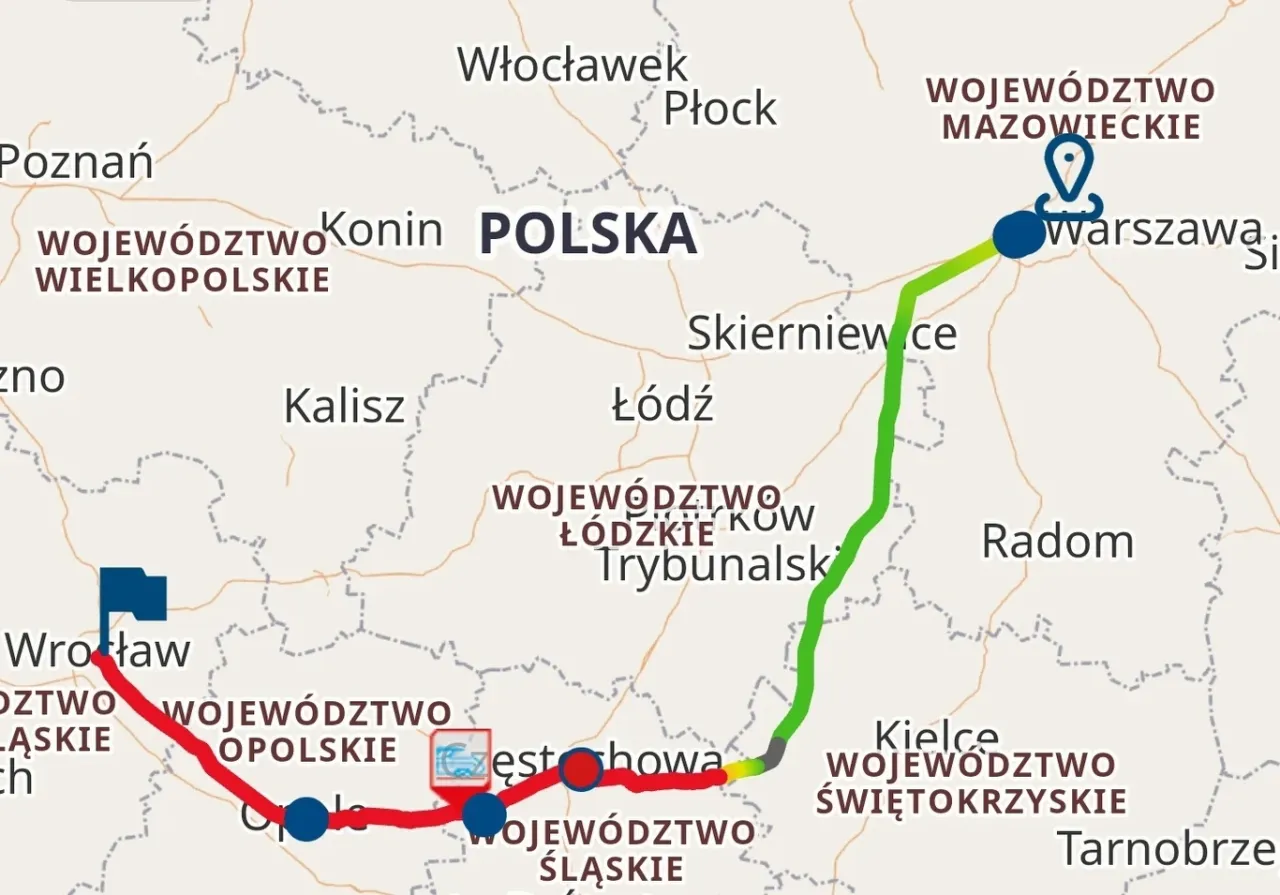 Mapa pokazuje trasę pociągiem nad morze, od Wrocławia przez Opole, Częstochowę, Łódź do Warszawy.