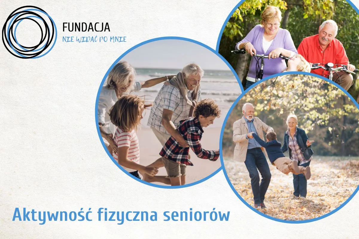 Aktywni seniorzy na plaży i w parku, bawiący się z wnukami. Czy 50 lat to senior? Fundacja 