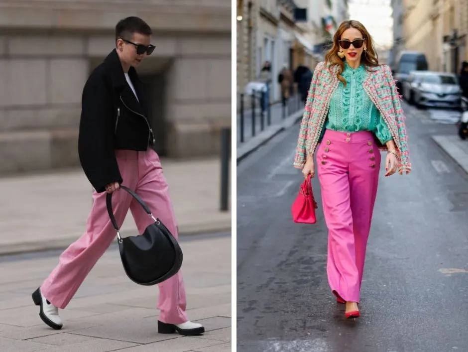 stylizacje różowe spodnie szerokie i dopasowana bluzka