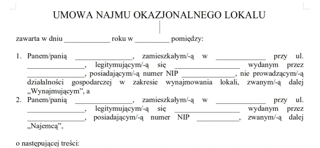 Najem okazjonalny dokumenty