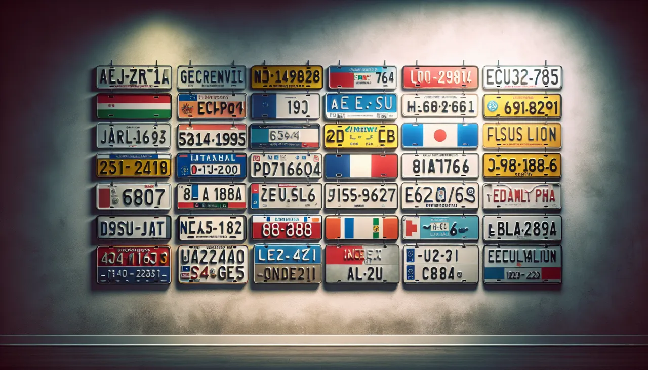 Kolekcja tablic rejestracyjnych państw z całego świata, tworząca mozaikę podr&oacute;ży i kultur.
