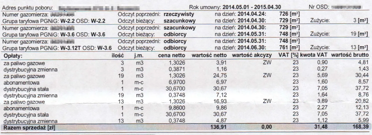 Dane z faktury gazowej: odczyty gazomierzy, zużycie gazu i opłaty. Pokazuje, kt&oacute;re cyfry podajemy z licznika gazu.