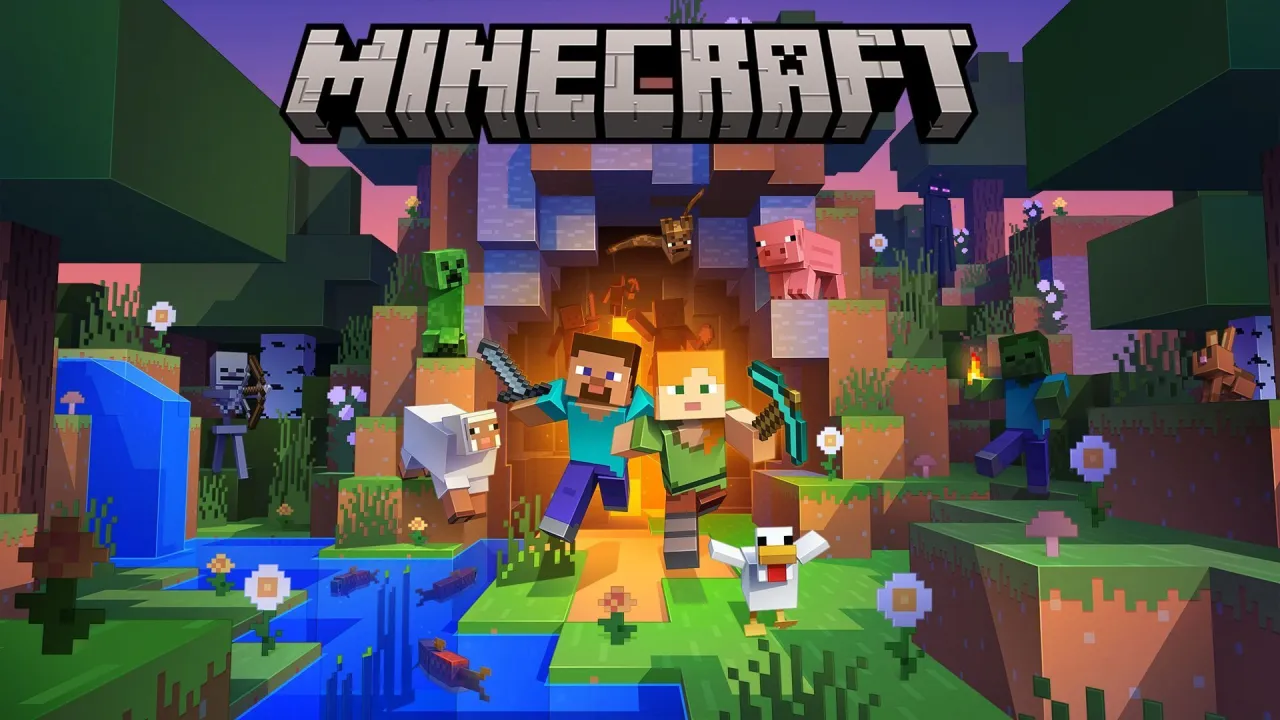Steve i Alex w świecie Minecraft, gotowi na przygodę. Dowiedz się, jak zaktualizować Minecraft Bedrock, by cieszyć się nowościami!