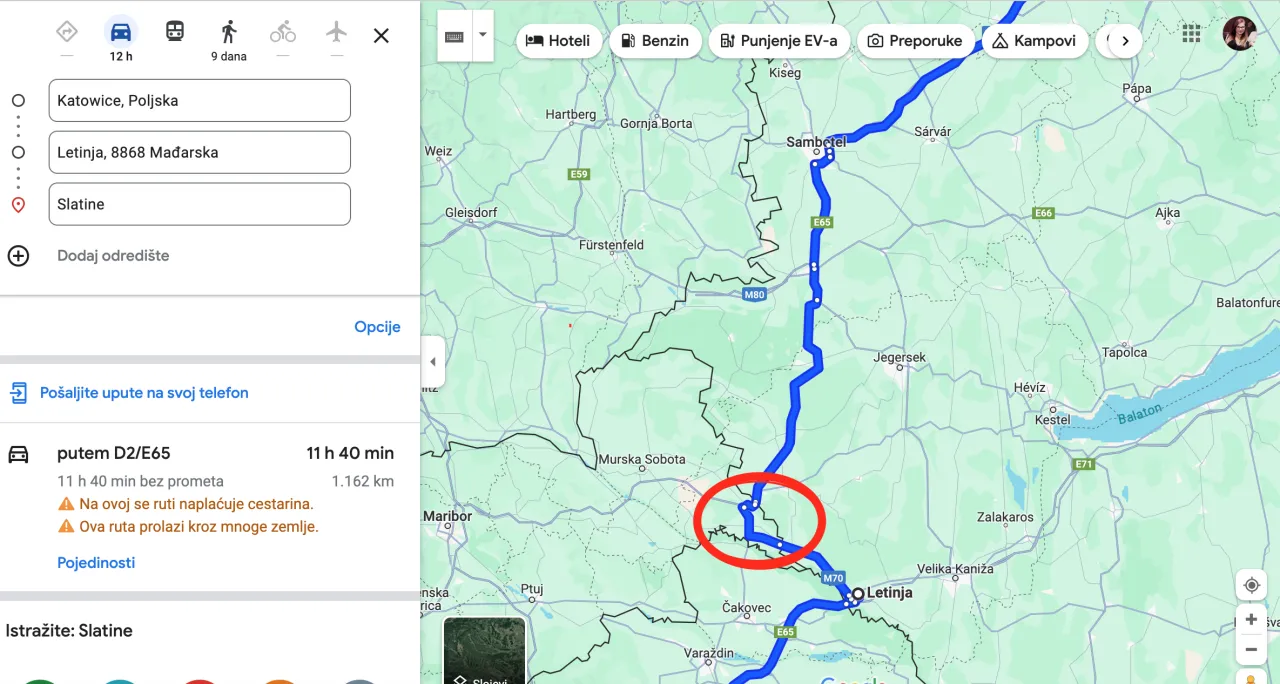 Mapa trasy Poznań Chorwacja przez Słowację Węgry