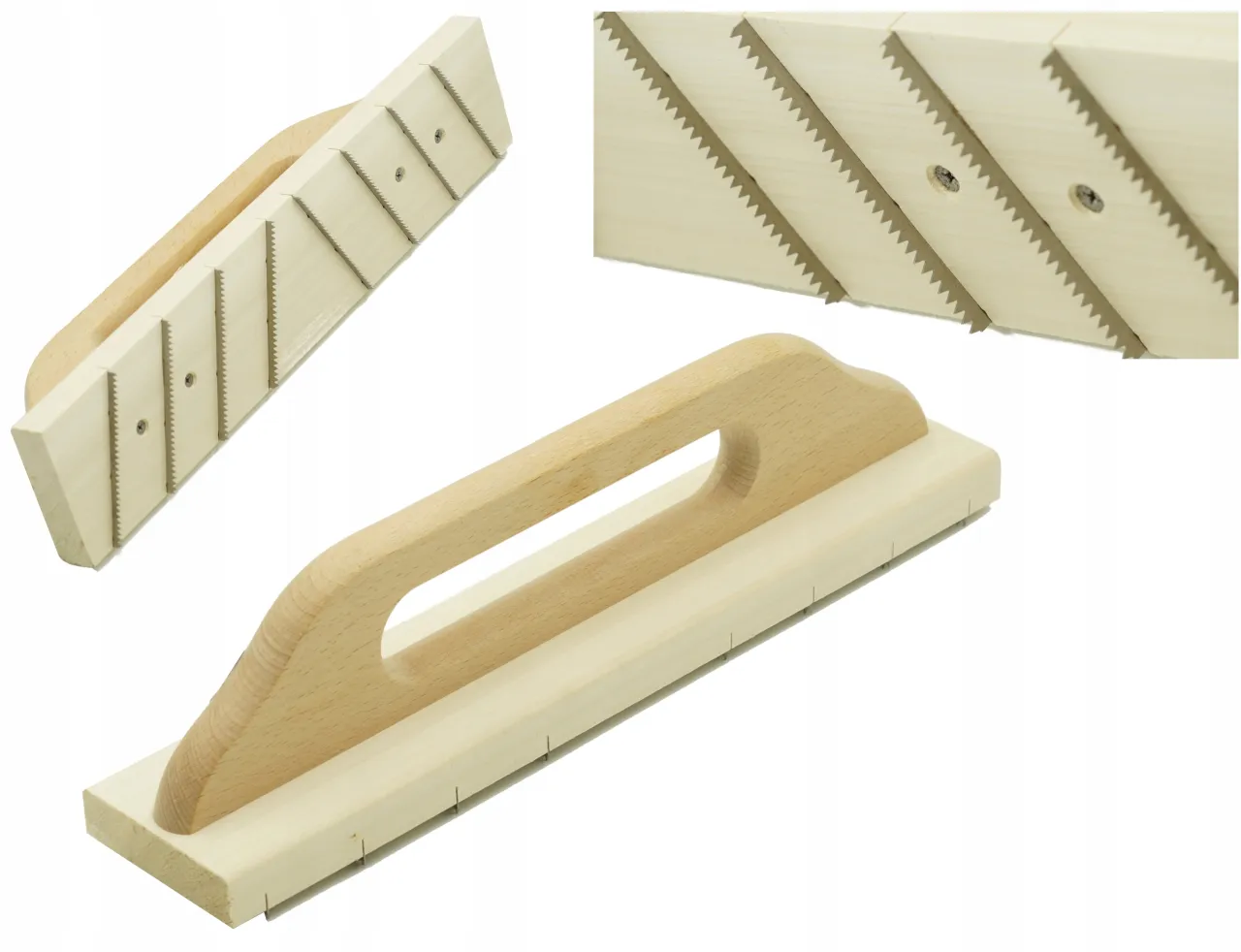 Drewniana tarka do betonu z metalowymi ząbkami, idealna do wygładzania powierzchni.