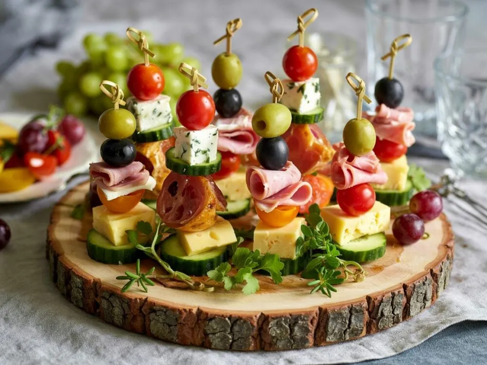 nowoczesne koreczki z owocami morza i warzywami