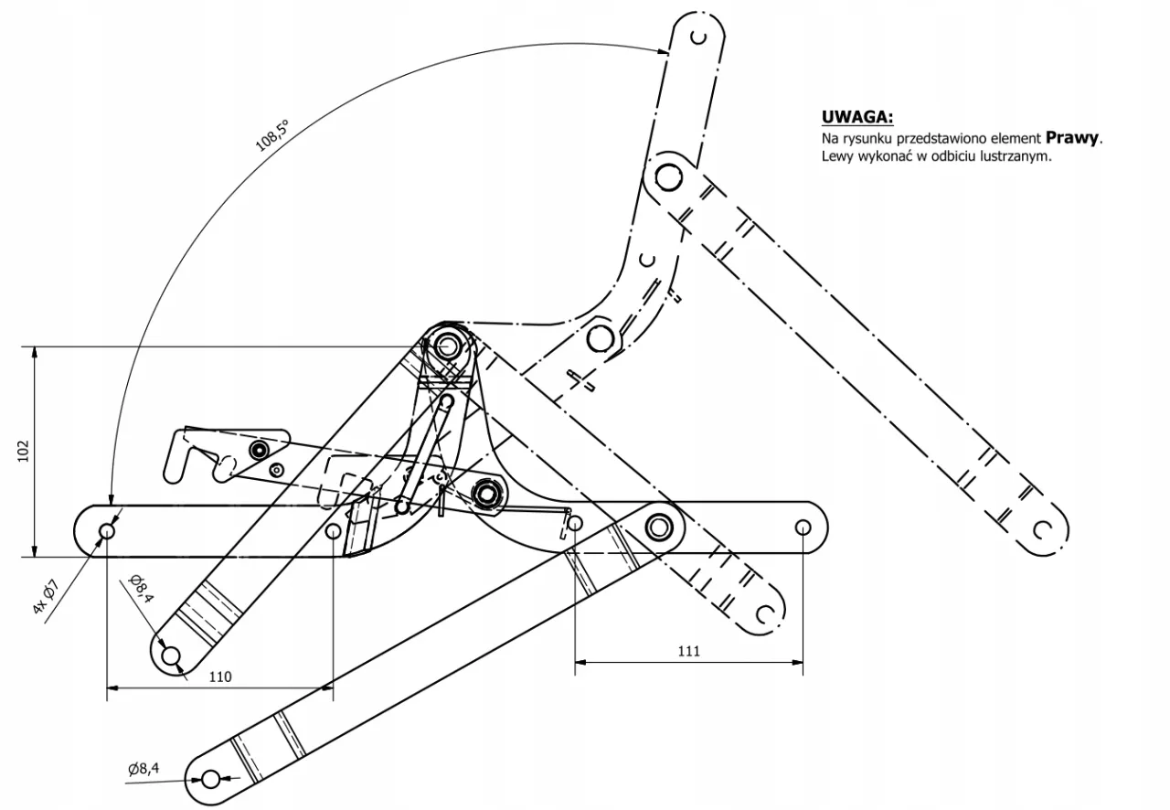 Schemat mechanizmu podnośnika do wersalki. Wymiary i kąty pomagają zrozumieć, jak zamontować podnośnik do wersalki.