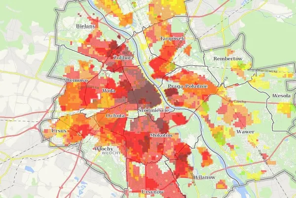 Mapa cenowa nocleg&oacute;w w Warszawie z wyr&oacute;żnionymi dzielnicami