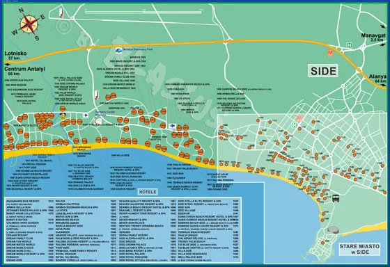 Mapa Side z zaznaczonymi dzielnicami hotelowymi
