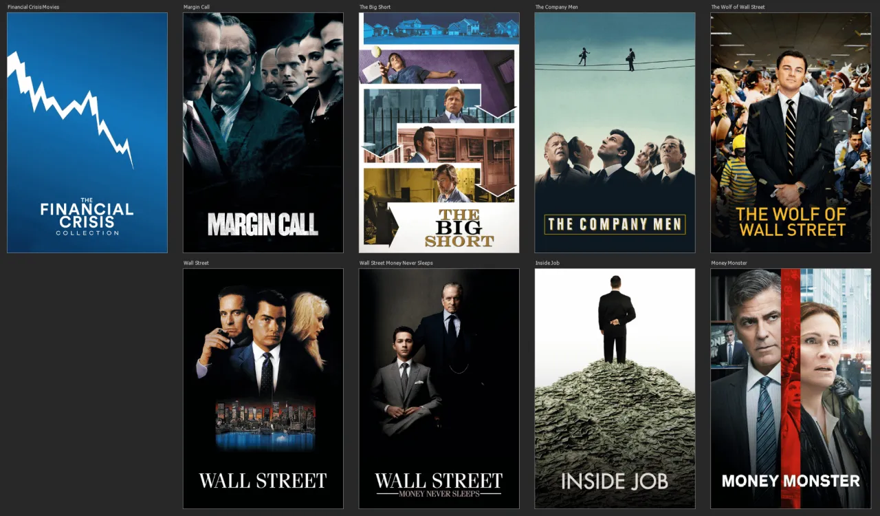 kolaż plakat&oacute;w filmowych o finansach The Big Short Wilk z Wall Street Inside Job