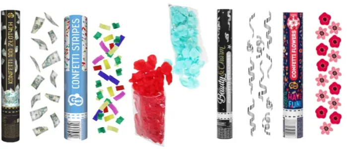 różne rodzaje tub konfetti i ich wypełnień