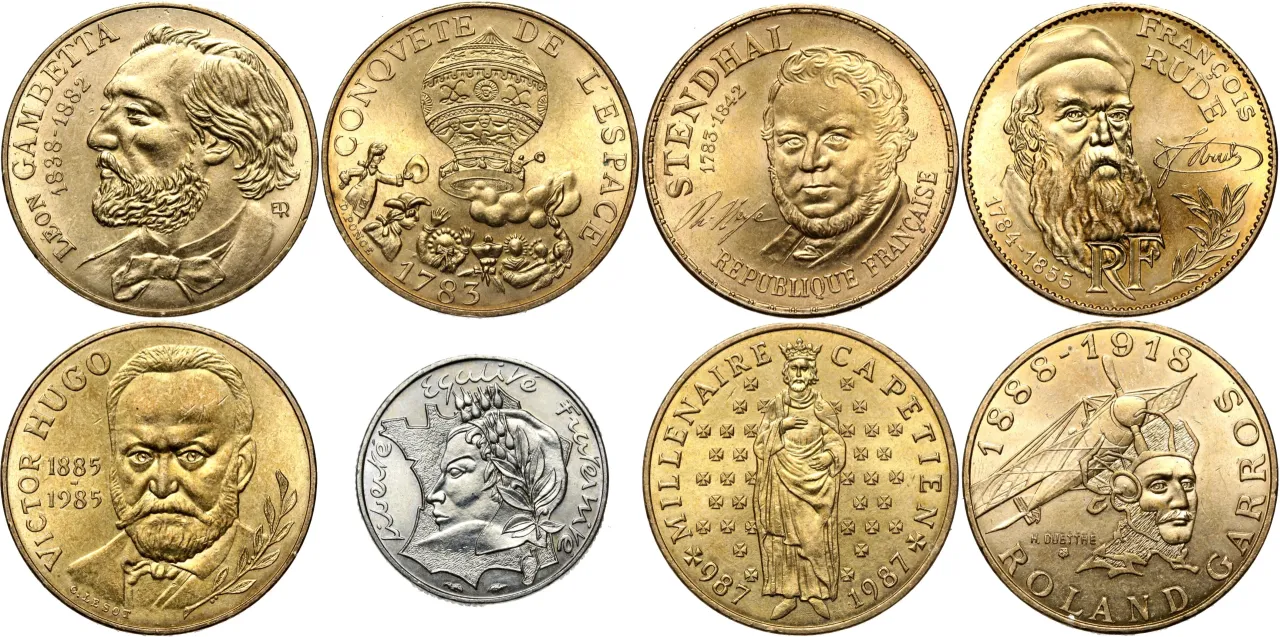 Kolekcja monet upamiętniających francuskich pisarzy i wydarzenia. Wśród nich portrety Victora Hugo, Leona Gambetty, Stendhala i François Rude'a, a także moneta z baloniem i wizerunkiem Marianny. Dawna waluta Francji.