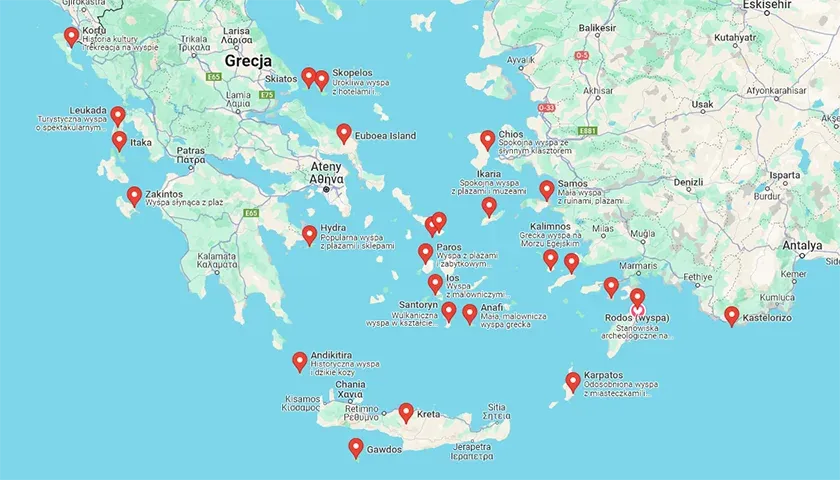 Grecja mapa z zaznaczonymi regionami turystycznymi i zdjęciami krajobraz&oacute;w wiosną i latem
