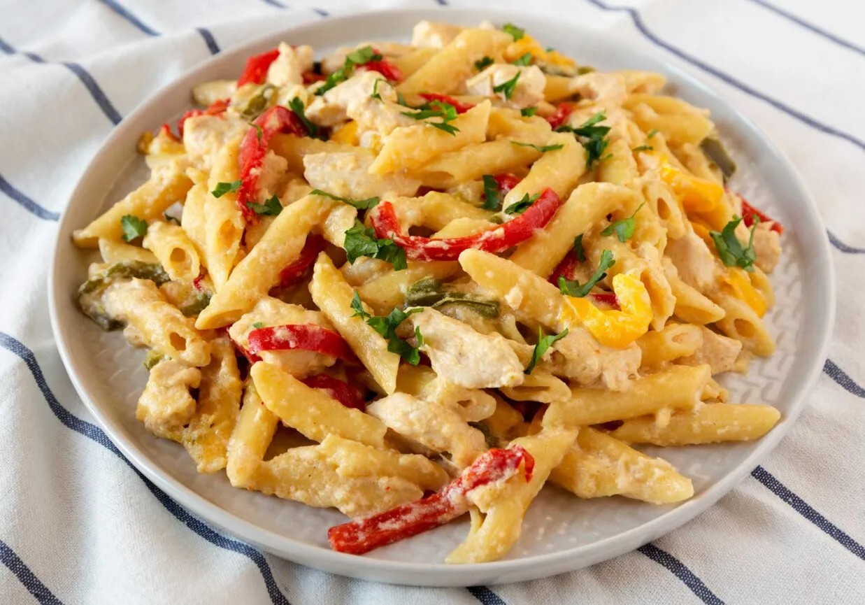 Makaron z kurczakiem i kolorową papryką w kremowym sosie. Idealne danie, co można ugotować na szybko.