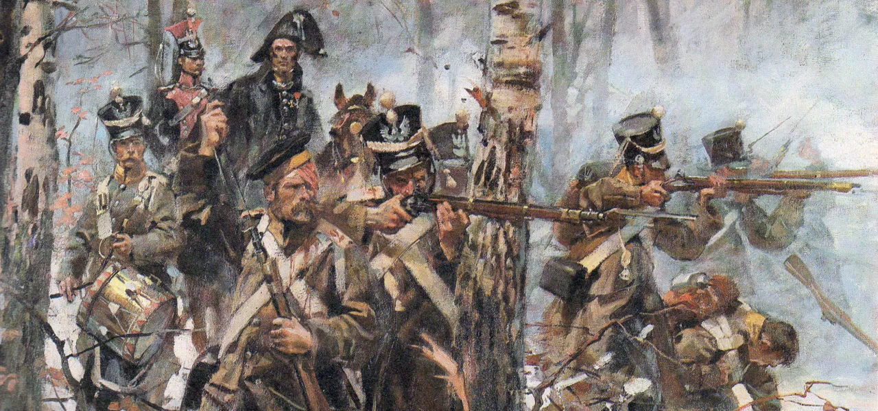 Żołnierze w lesie, przygotowujący się do walki. W tle widać generała. Scena nawiązuje do bitwy pod Olszynką Grochowską.