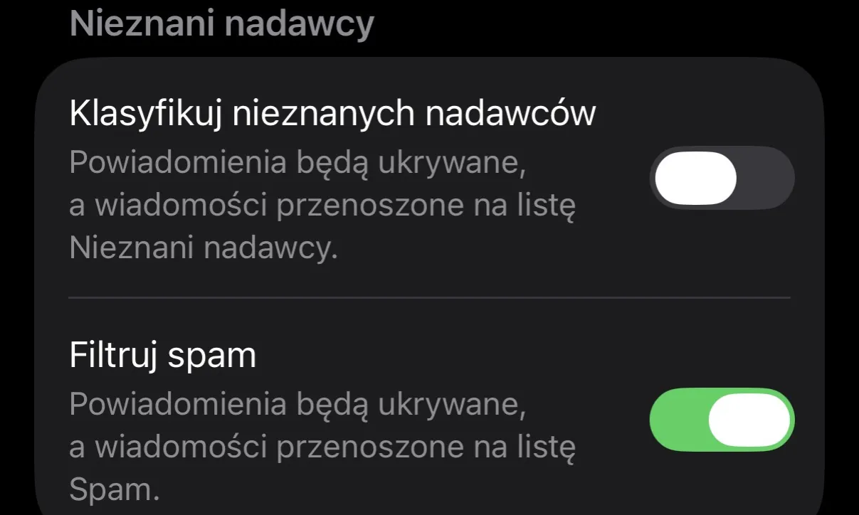 iPhone filtrowanie wiadomości nieznani nadawcy