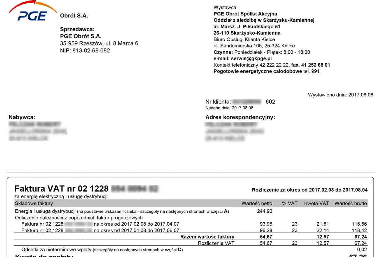 Przykładowa faktura PGE z zaznaczonymi danymi klienta i PPE