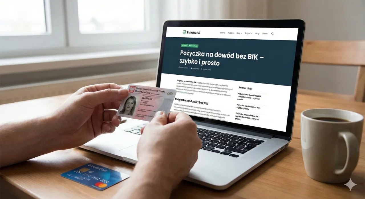 Ręce trzymają dowód osobisty i kartę kredytową przed laptopem, na którym wyświetlono artykuł o pożyczkach. To miejsce, gdzie dają pożyczki każdemu.