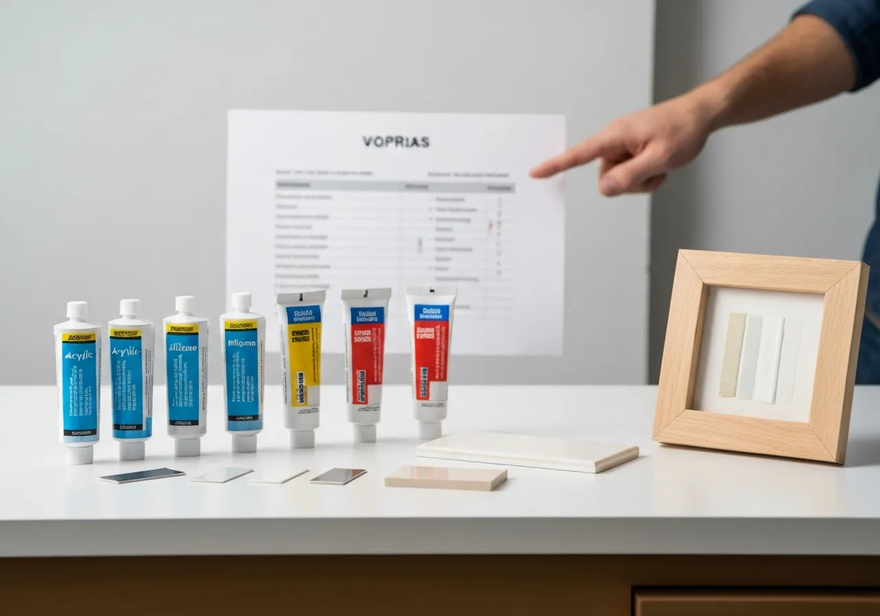 Rzędy tubek z farbą akrylową na zewnątrz i próbkami płytek. Dłoń wskazuje na dokument z tabelą.