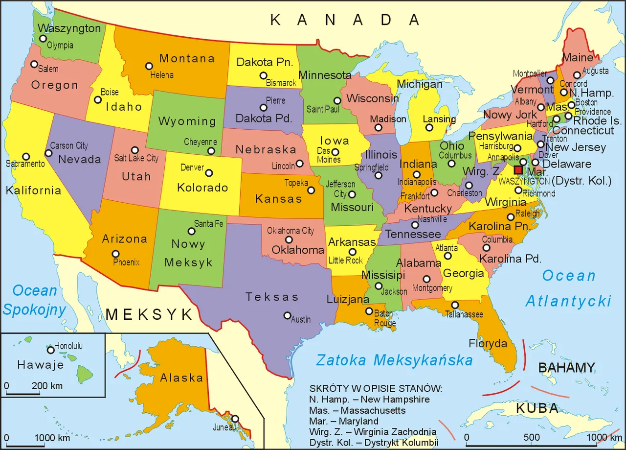 Mapa USA z zaznaczonymi regionami turystycznymi