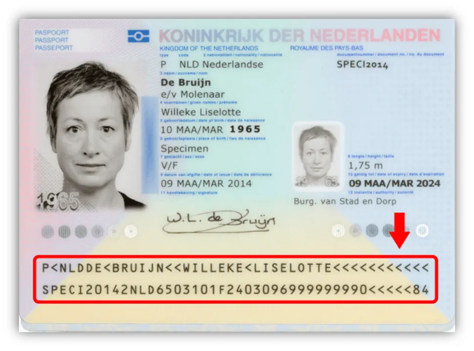 Strefa MRZ paszportu polskiego przykład