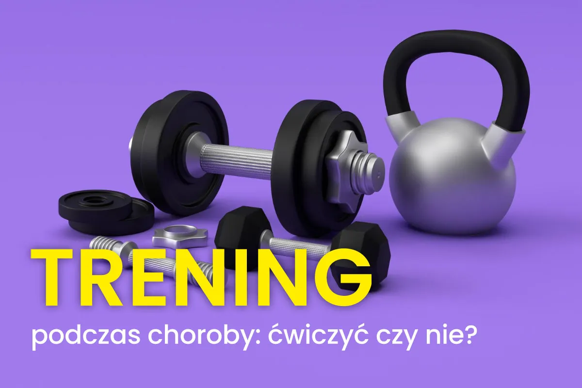 Ciężarki i kettlebell na fioletowym tle. Napis 