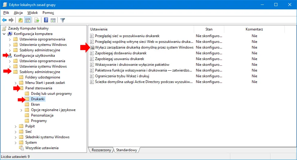 Ustawienia drukarki Windows 10 11 wyłączanie dupleksu