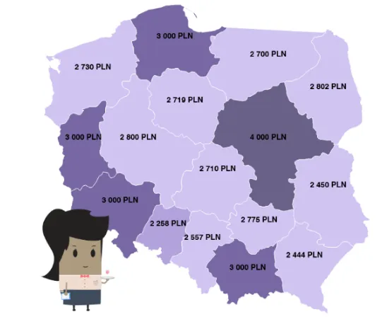 mapa zarobków recepcjonistów Polska, wynagrodzenia w hotelarstwie regiony