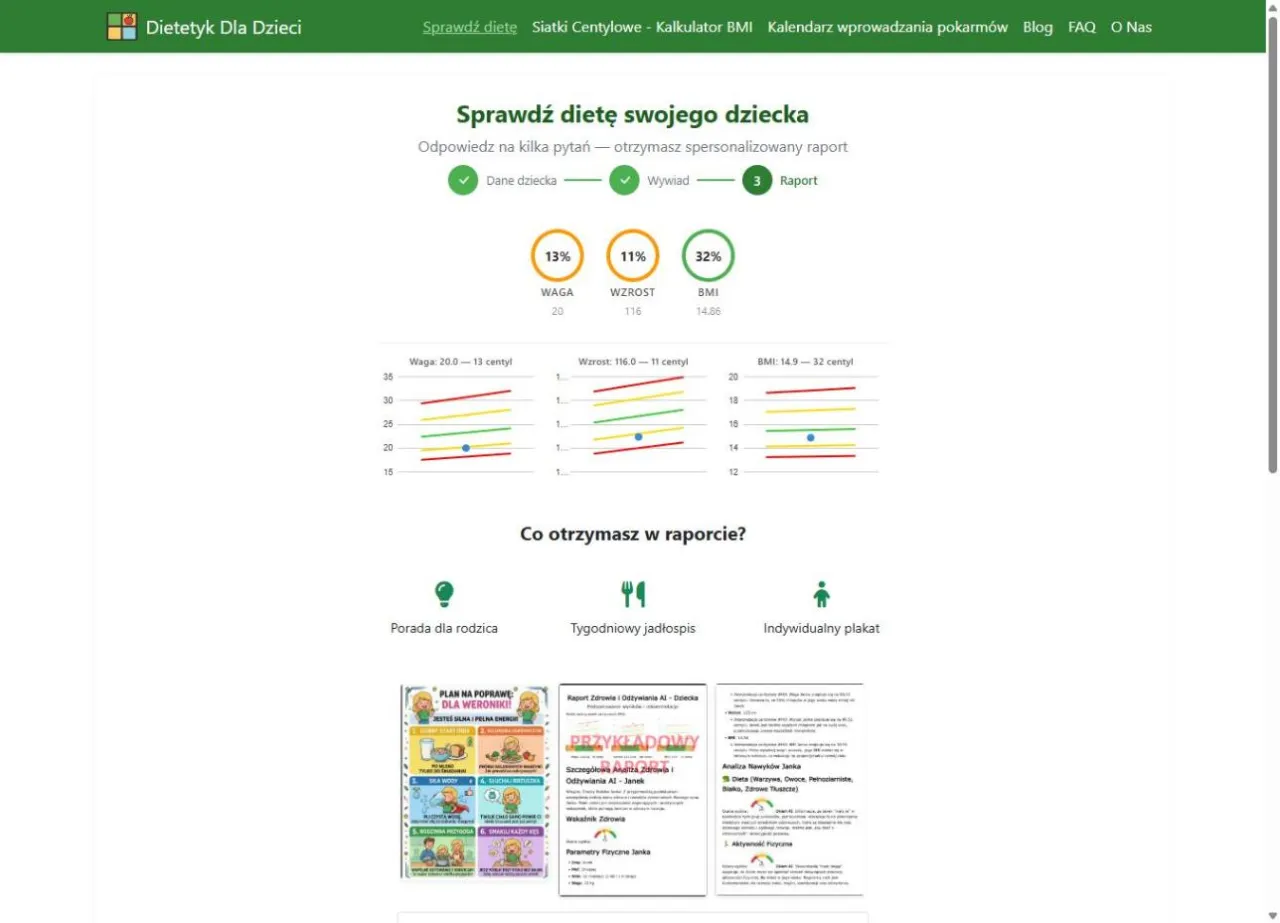 Wykresy pokazują, ile powinno ważyć dziecko w wieku 6 lat, jego wzrost i BMI. Wyniki 20 kg, 116 cm i 14.86 BMI.