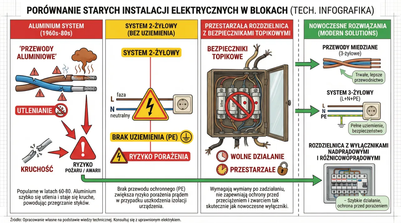 Por&oacute;wnanie instalacji: stare aluminiowe przewody (1 klasa ochronności) są kruche i grożą pożarem, w przeciwieństwie do nowoczesnych miedzianych.