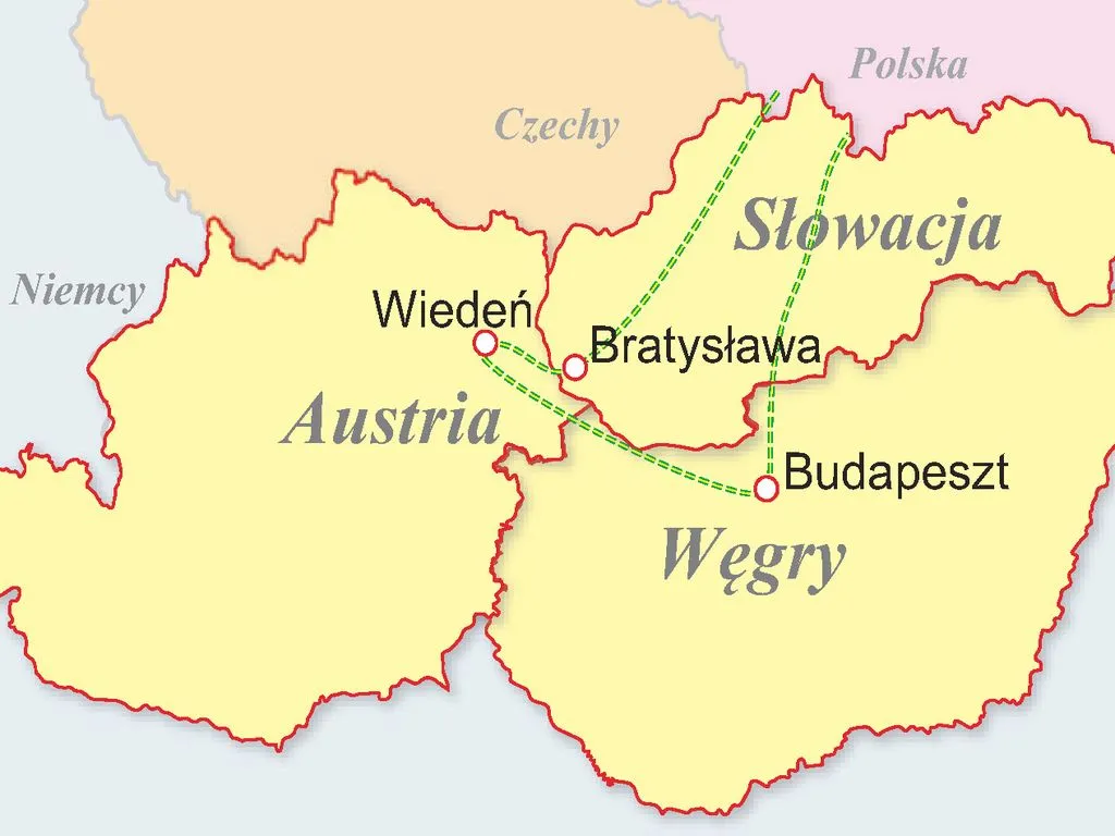 Mapa trasy Warszawa Budapeszt przez Czechy i Słowację