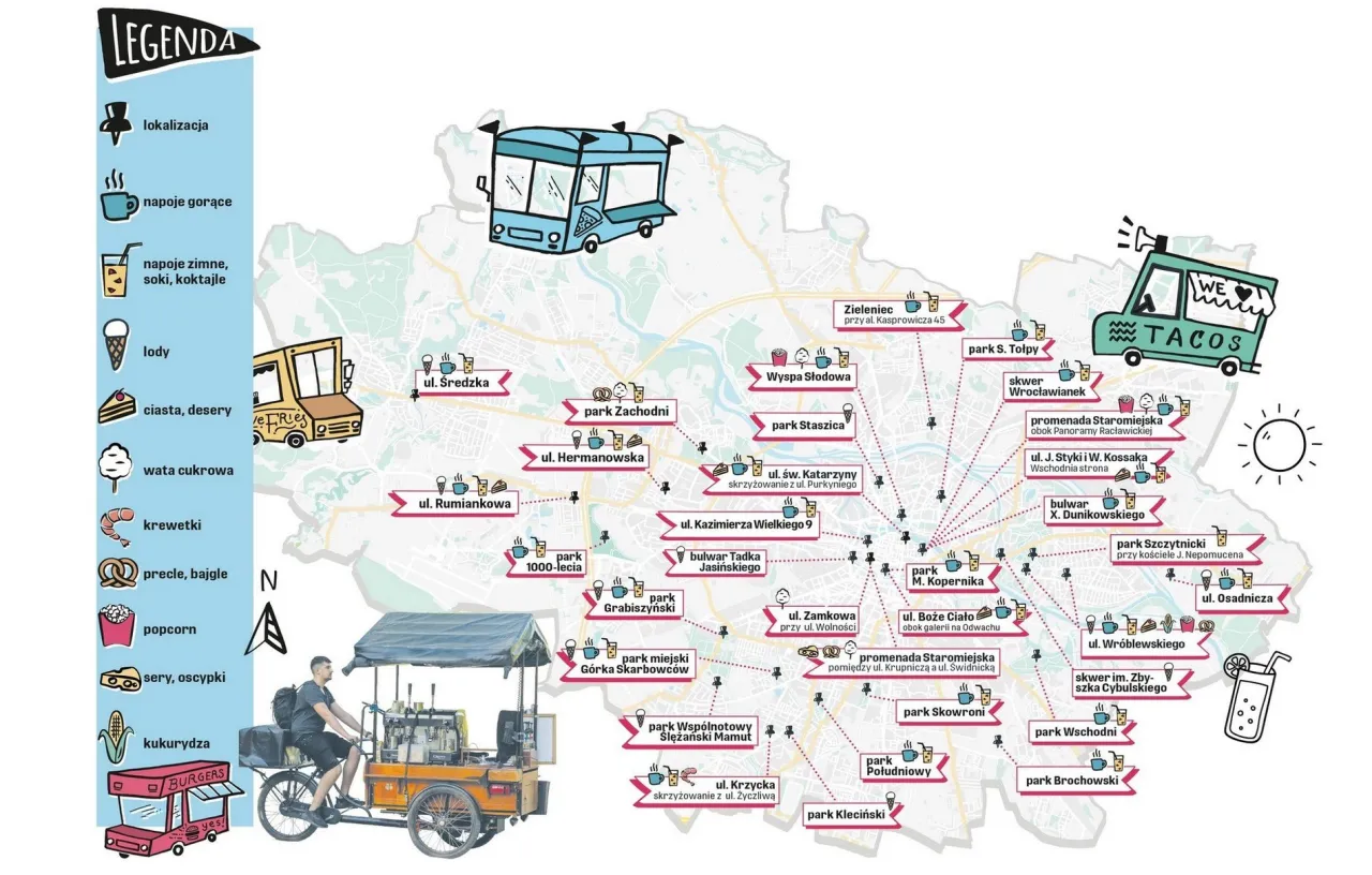 Mapa Wrocławia z zaznaczonymi punktami z dobrym jedzeniem na trasie Wrocław-Warszawa. Znajdziesz tu food trucki z tacos, burgery i inne przekąski.