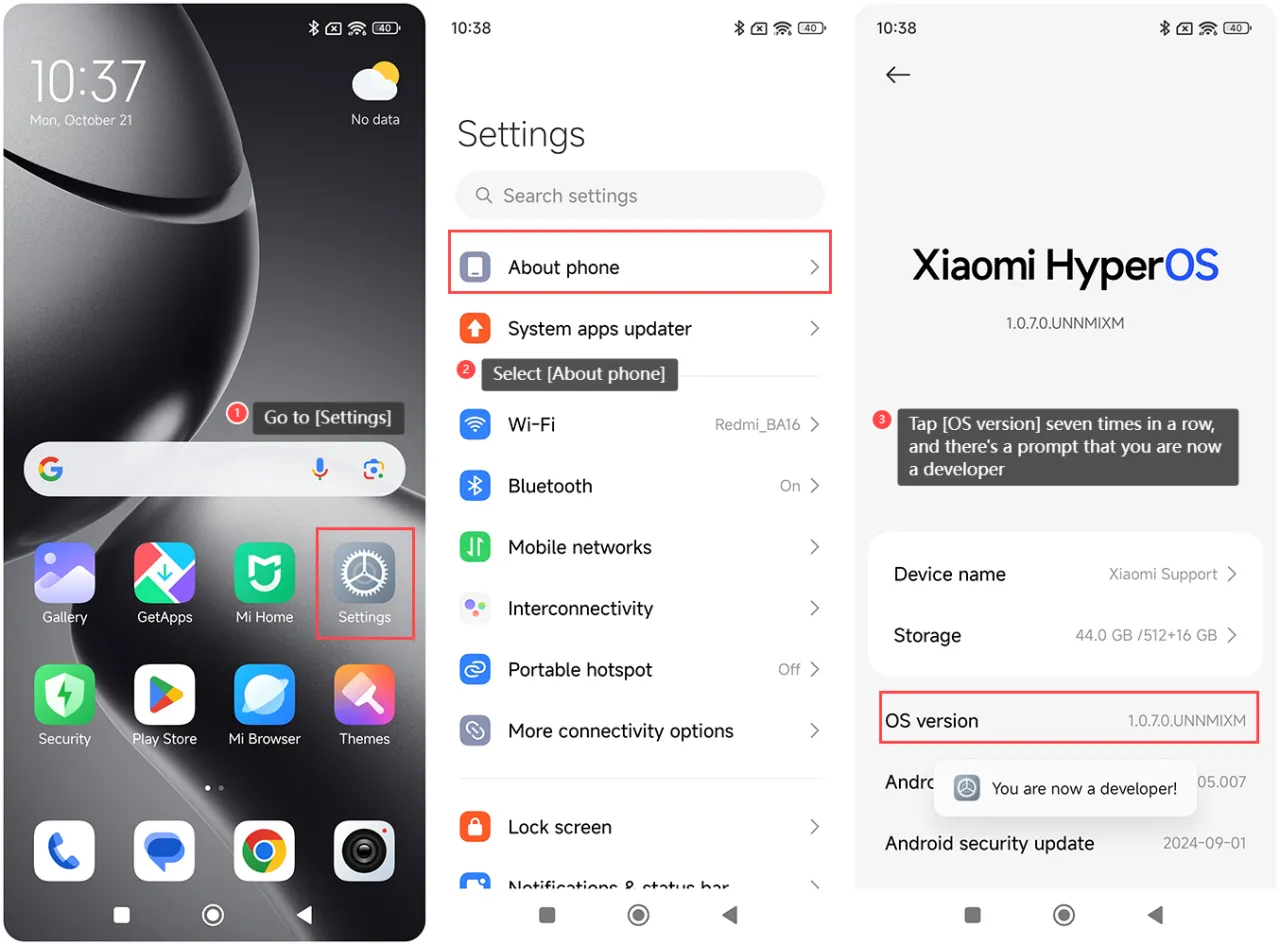 Ustawienia telefonu Xiaomi z zaznaczoną opcją programisty