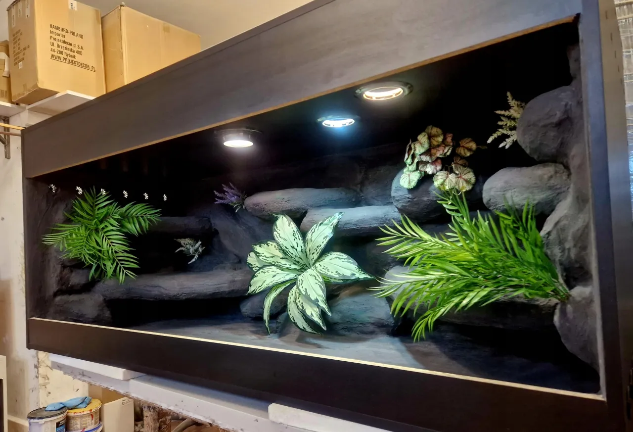 Wystr&oacute;j terrarium dla węża zbożowego z kryj&oacute;wkami i gałęziami