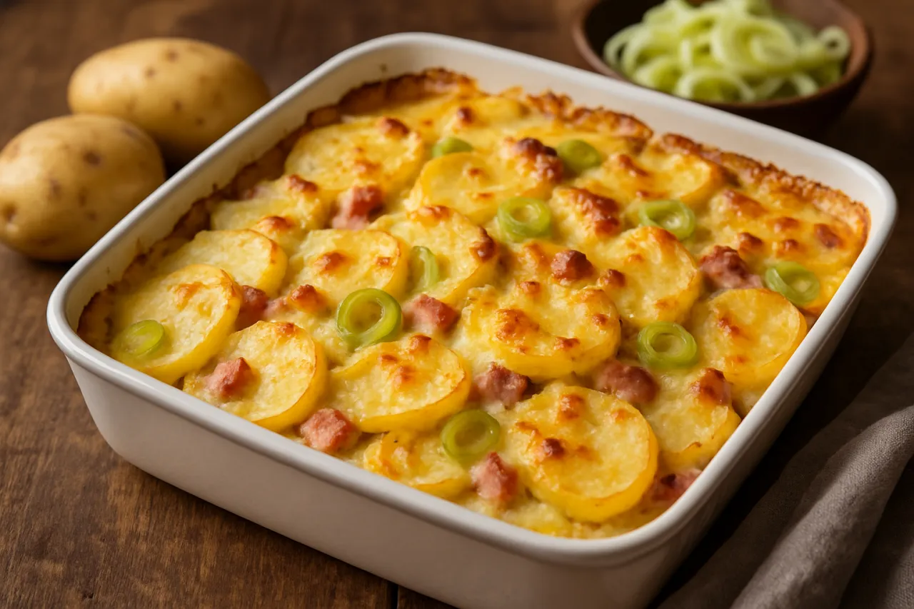 Pyszna zapiekanka ziemniaczana z serem, kawałkami wędliny i szczypiorkiem. Idealna na obiad.