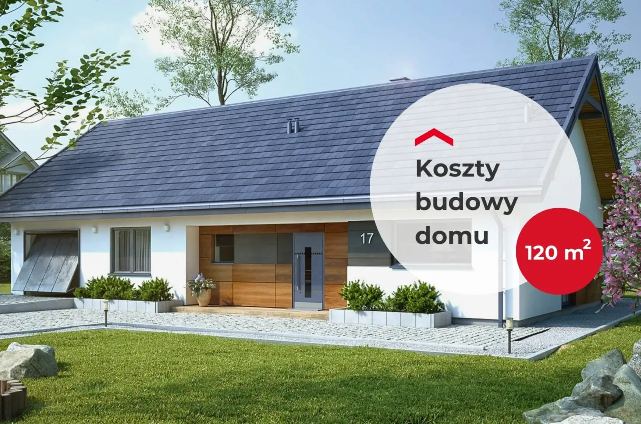 Nowoczesny dom z garażem, zielony trawnik. Sprawdź, ile kosztuje wybudowanie domu 120m2.