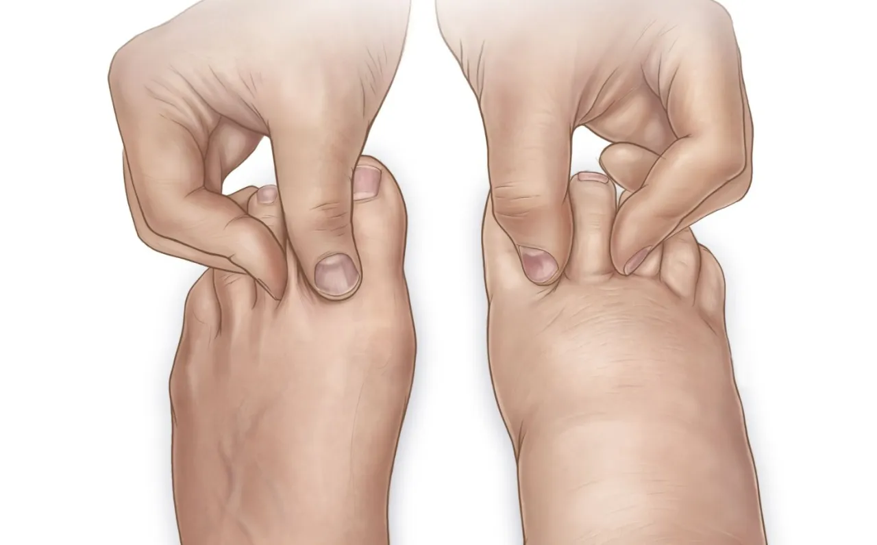 Drenaż limfatyczny na co pomaga? Delikatny ucisk palców na stopach, by złagodzić obrzęki i poprawić krążenie.