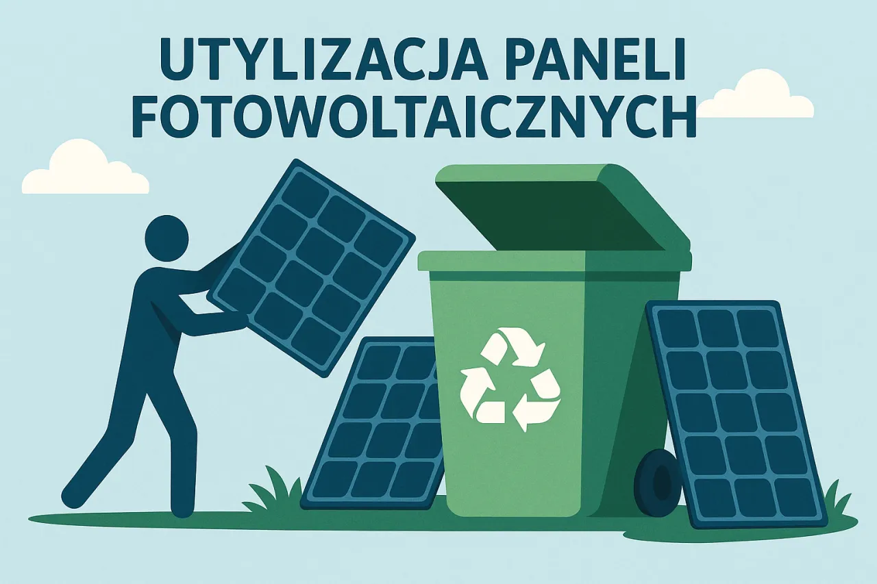 Ilustracja przedstawia proces utylizacji paneli fotowoltaicznych. Sylwetka człowieka wrzuca panel do zielonego pojemnika z symbolem recyklingu.