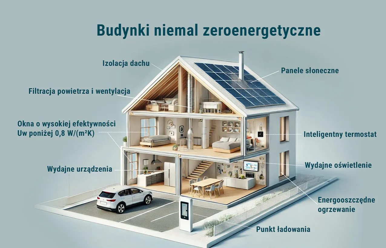 Przekr&oacute;j domu zeroenergetycznego z panelami słonecznymi, izolacją, energooszczędnymi oknami i inteligentnym termostatem.