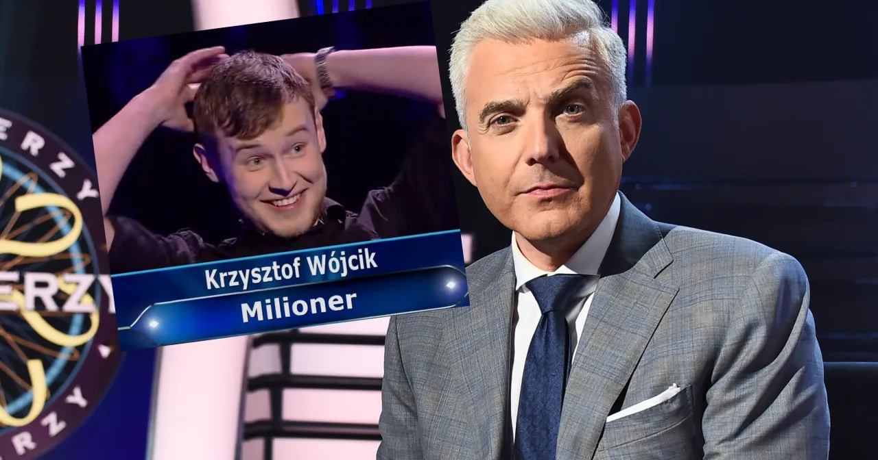 Krzysztof W&oacute;jcik, kiedy padnie milion w Milionerach, z uśmiechem na twarzy i Hubert Urbański w garniturze.