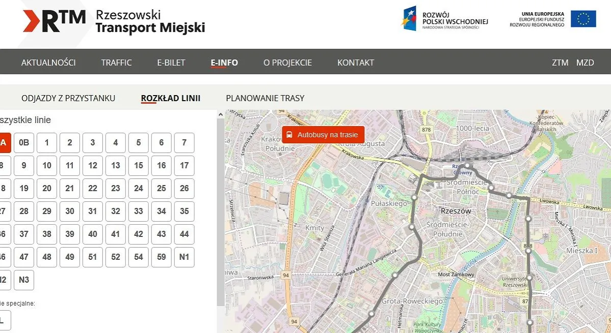 Mapa trasy autobusu 33 Rzeszów