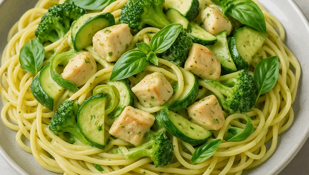 spaghetti z kurczakiem posypane parmezanem i świeżą bazylią