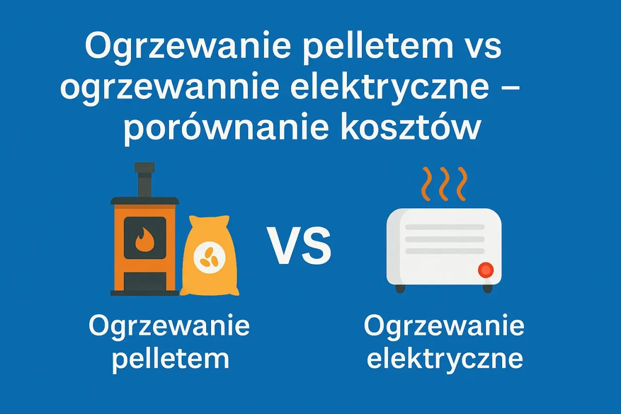 Porównanie ogrzewania na pellet i ogrzewania elektrycznego. Obok pieca na pellet i worka z pelletem widnieje symbol 