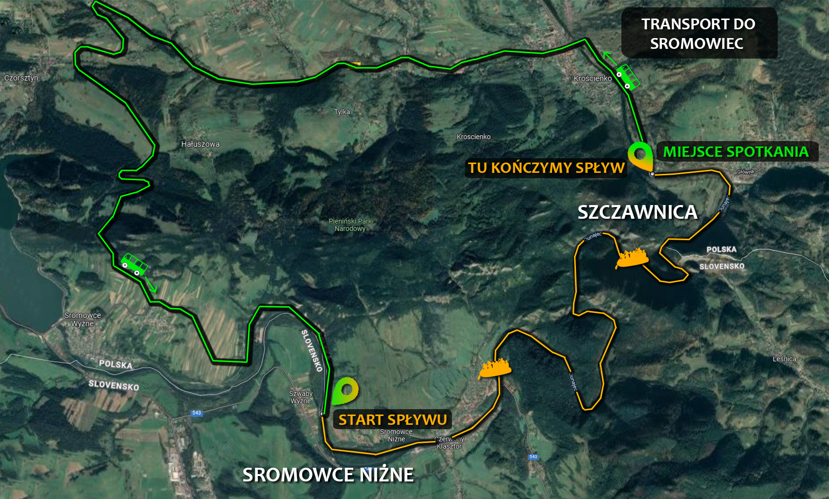 Mapa tras spływu kajakowego Dunajcem
