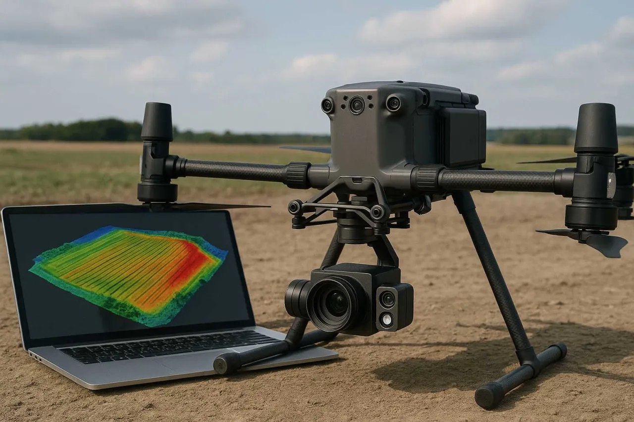 Profesjonalista wykorzystuje drona i laptop z mapą cieplną pola, by analizować stan upraw.