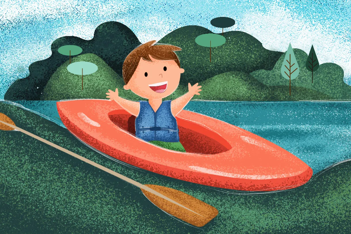 Dzieci na spływie kajakowym rzeką