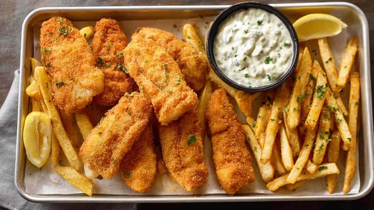 Chrupiące paluszki rybne i złociste frytki, idealne do sosu tatarskiego. Co pasuje do frytek? Na pewno ryba!
