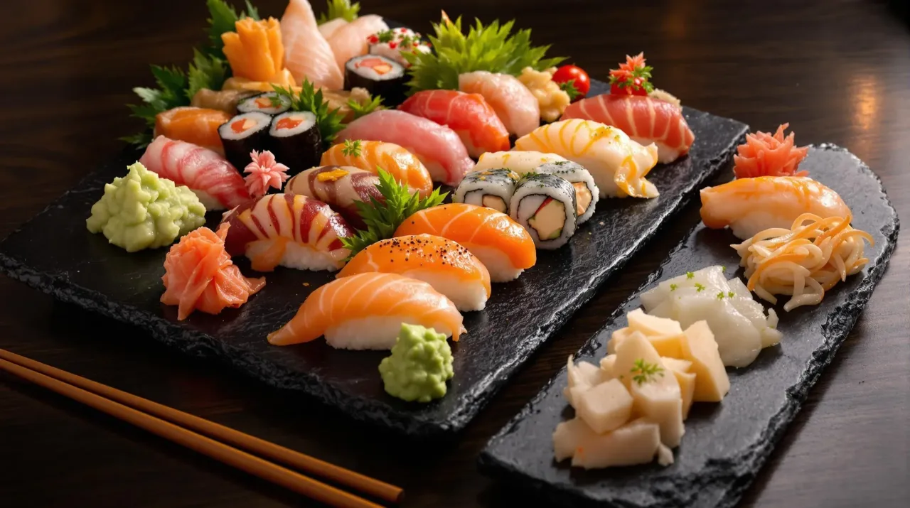 Talerz sushi z łososiem, tuńczykiem i krewetkami. Zastanawiasz się, ile kalorii ma sushi? To zależy od składników!