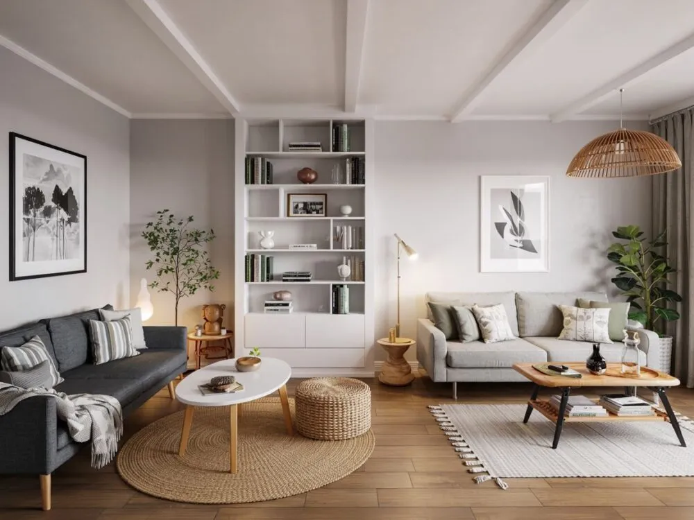 podział stref w małym mieszkaniu bez ścian regały dywany