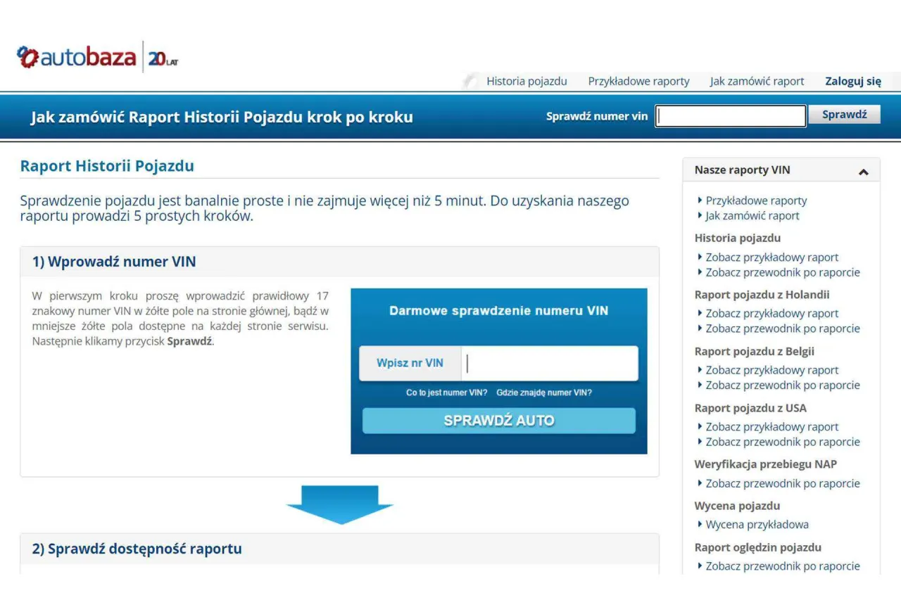 Jak sprawdzić samoch&oacute;d po VIN? Strona autobaza.pl pokazuje, jak wprowadzić numer VIN, by uzyskać raport historii pojazdu.